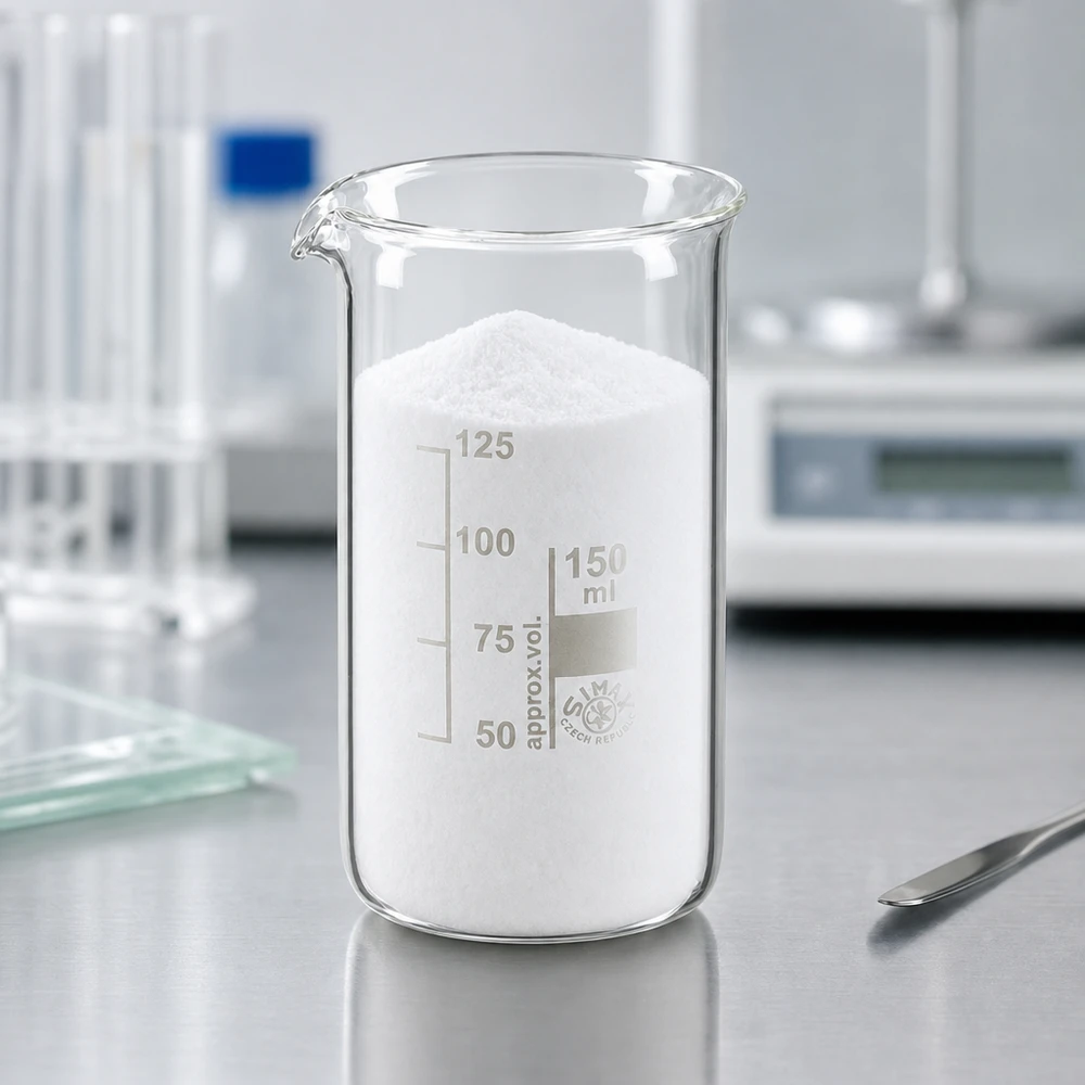 Cilindrisch bekerglas van 150 ml, van borosilicaatglas, met tuit en wit laboratoriumpoeder