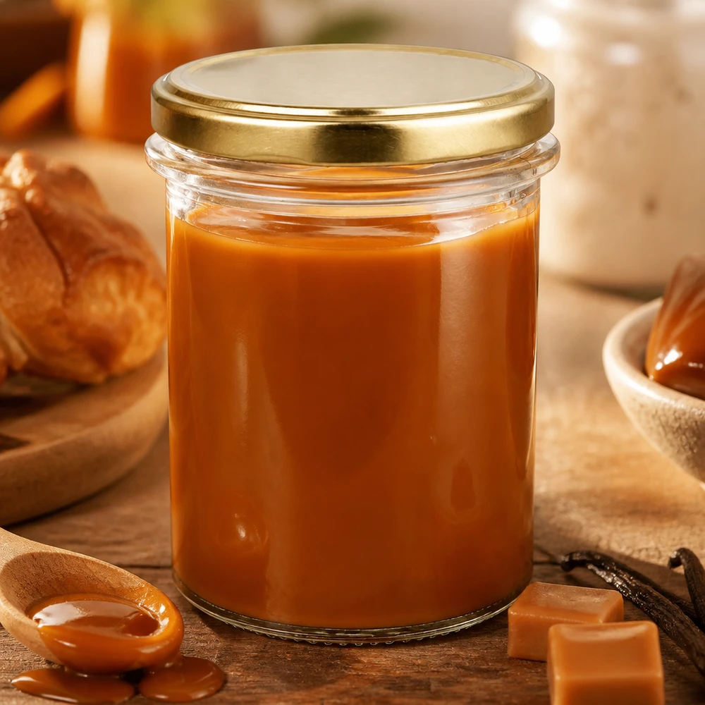 Ronde glazen pot van 214 ml van UNiTWIST met een gouden BasicSeal-deksel voor zelfgemaakte karamelcrème