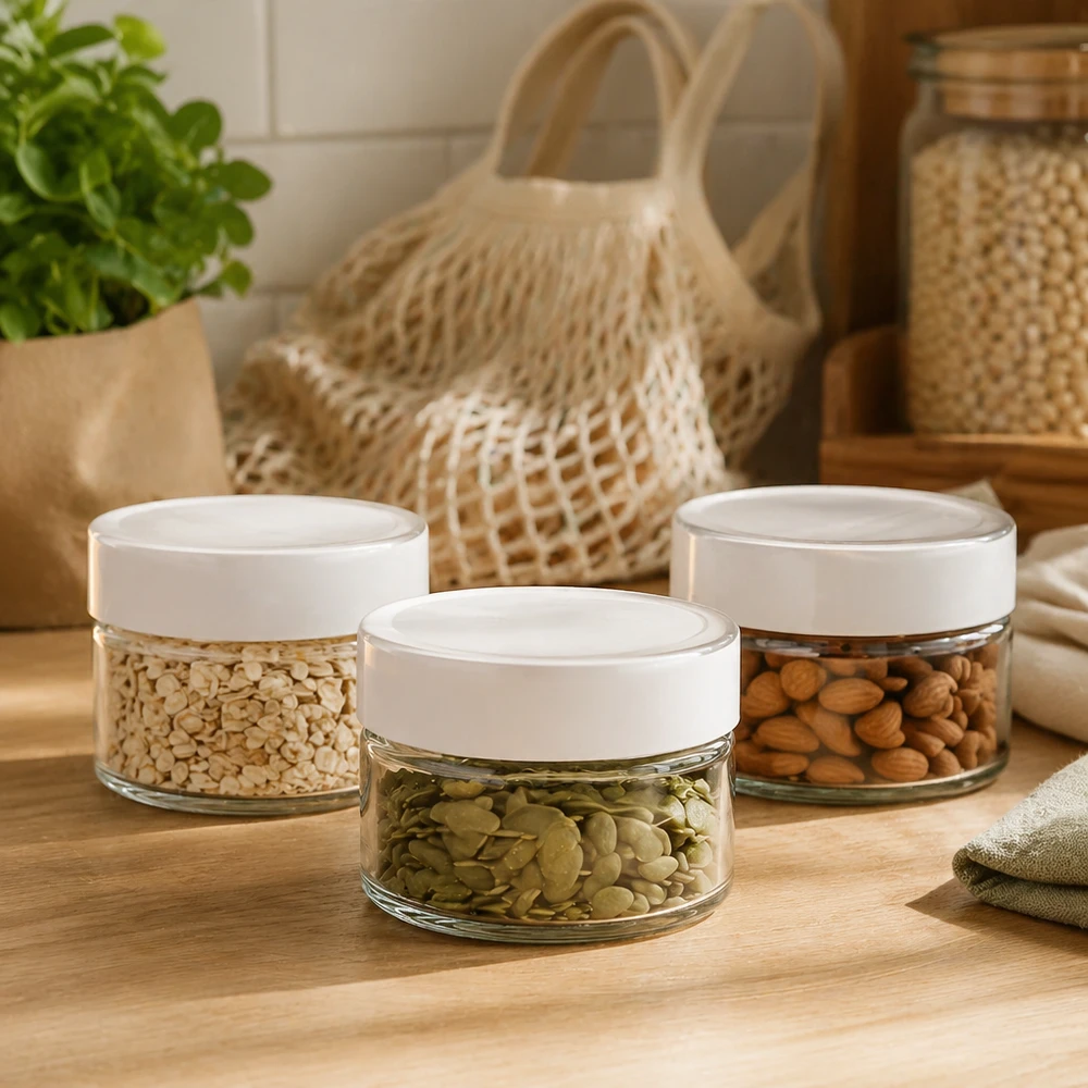 130ml rond glas met BasicSeal deksel wit UNiTWIST 130ml BasicSeal witte ronde potten set gevuld met noten en zaden - voedselopslag keuken glazen potten