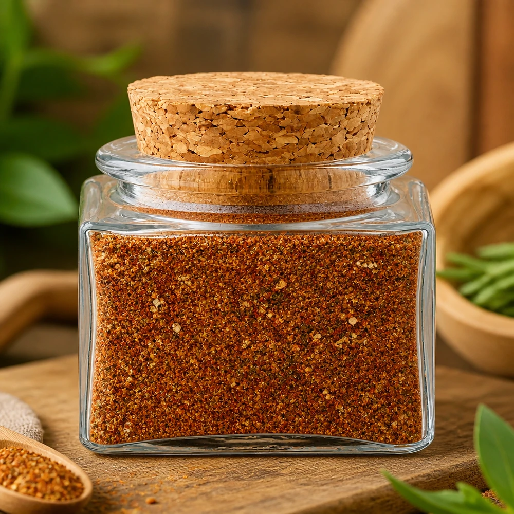 Kruiderpot-idee: Kurkfles Quadratus 40ml helder, opening 28 mm, met kurk Doorzichtig kruidenpotje van 40 ml met een natuurlijke kurk en oranjebruine barbecuekruiden in boho-stijl