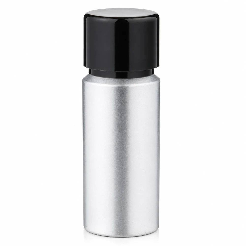 20 ml aluminium fles gebeitst incl. schroefdop zwart met conusafdichting Cilindrische aluminium fles van 20 ml met slanke vorm en lekvrije schroefdop