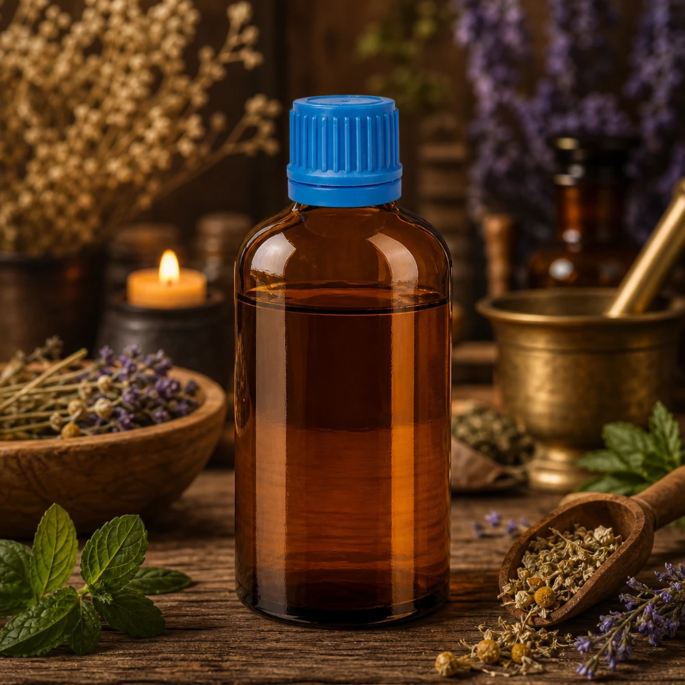 Precies vervaardigde 100ml amberkleurige glazen fles met smalle hals, ideaal voor gedoseerd vullen