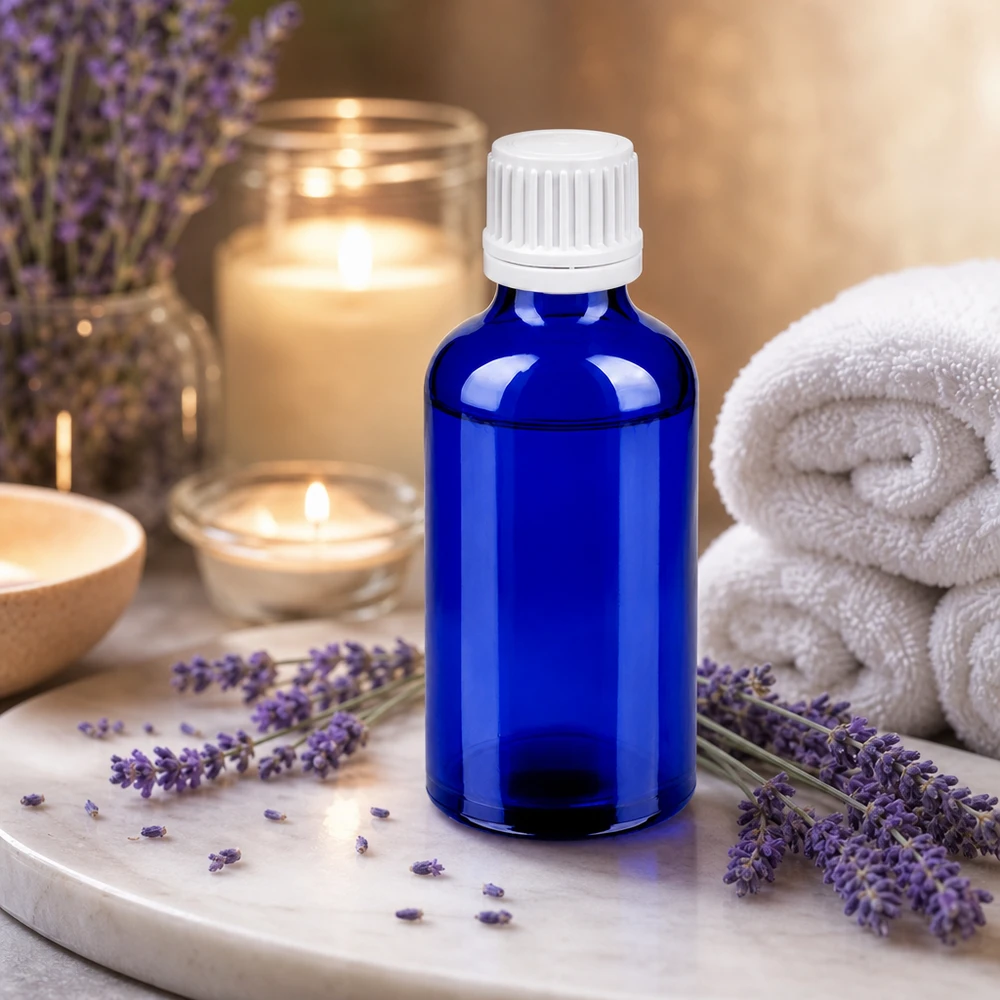 Klein blauw glazen flesje 50ml met verzegelbare dop voor veilig bewaren