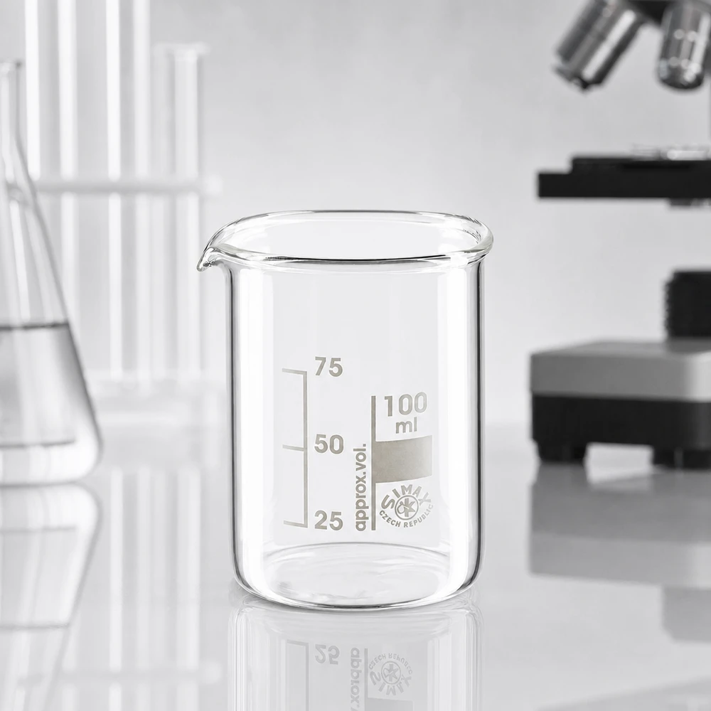 Transparant bekerglas 100ml lage vorm gemaakt van borosilicaatglas voor chemische toepassingen in het laboratorium