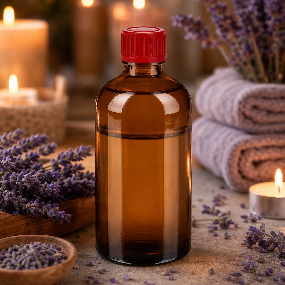 Compacte 100ml amberkleurige glazen fles met rode dop voor laboratorium- en onderzoekstoepassingen