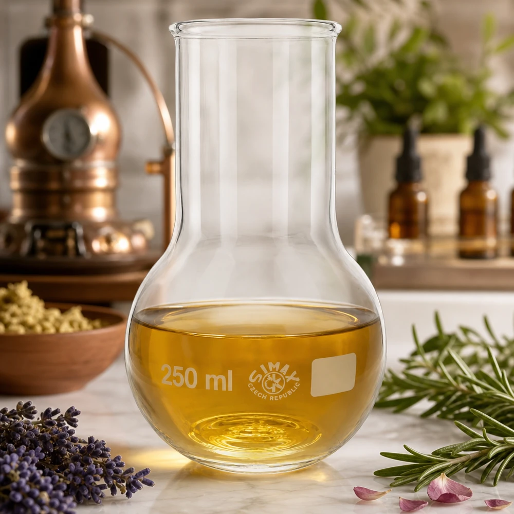 Glazen flacon 250ml wijde hals met essentiële oliën omringd door lavendel en rozemarijn