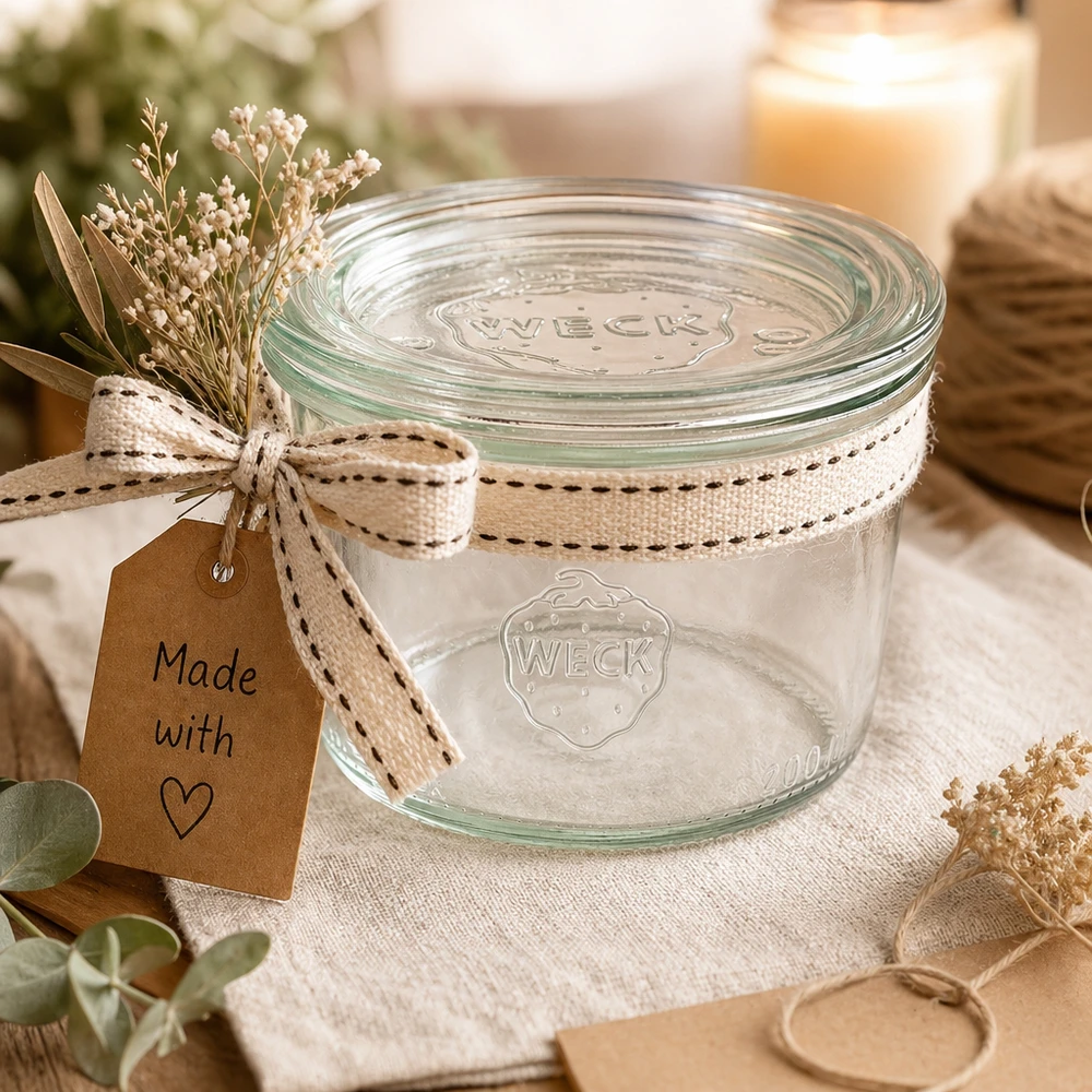 WECK bekers 200ml RR80 als geschenk versierd met lint en Made with Love label