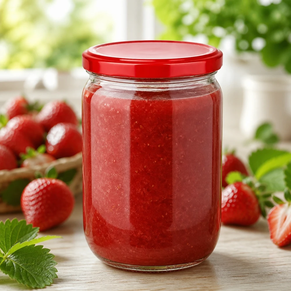 Aardbeienpuree in een klassiek rond glas van 555 ml van UNiTWIST, afgesloten met een luchtdichte BasicSeal-deksel in rood