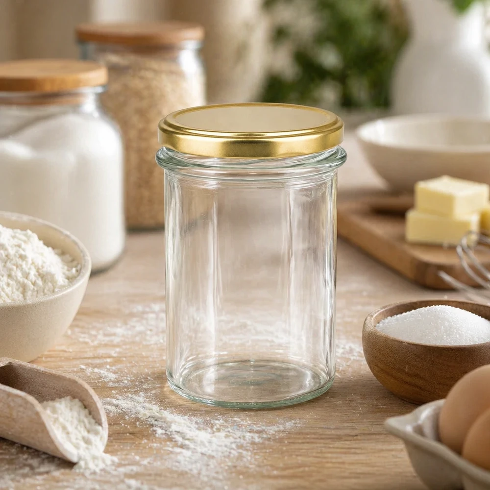 230ml bekers leeg met gouden BasicSeal deksel UNiTWIST in keuken omringd door bakingrediënten en houten schalen