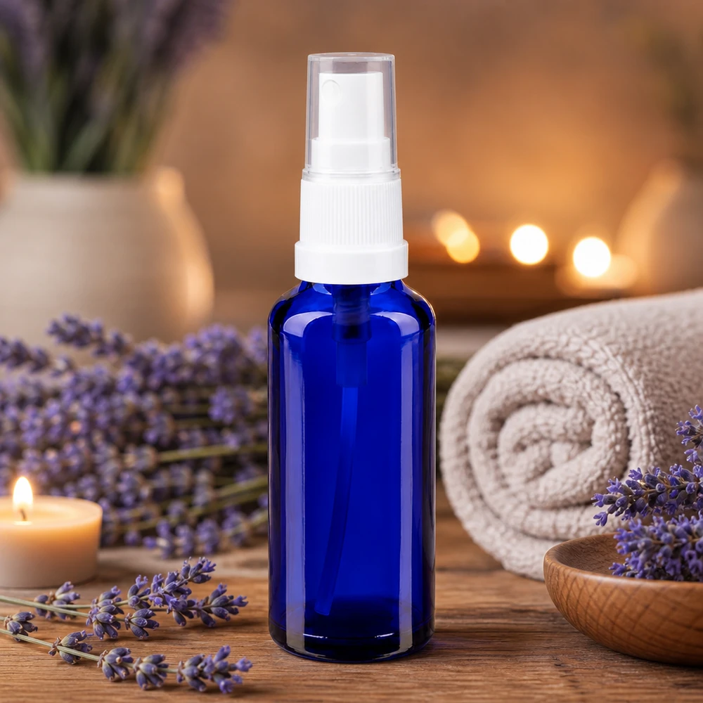 Blauwe glazen flessen 30ml met wit pompverstuiver Blauwe glazen spuitfles van 30 ml met witte pompkop voor etherische oliën en natuurlijke cosmetica