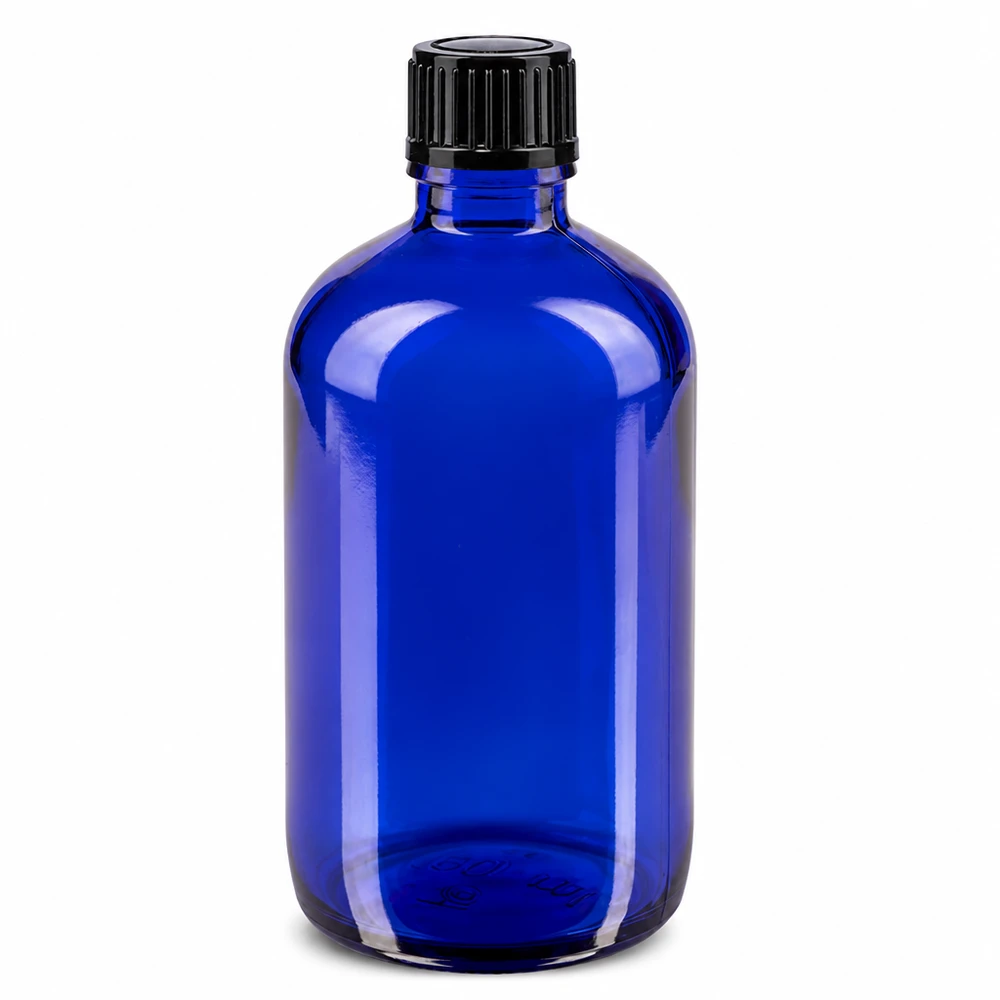 Ronde blauwe apothekersfles van 100 ml, van borosilicaatglas, met kindveilige zwarte schroefdop