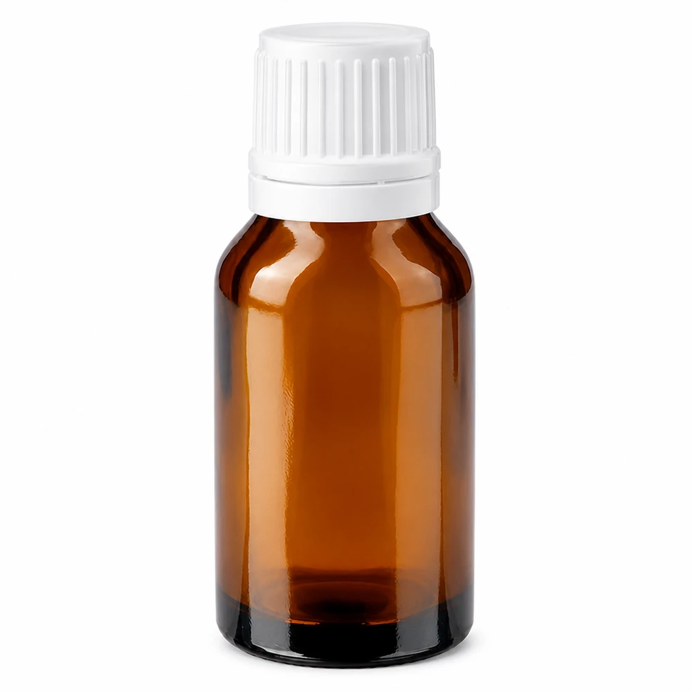 Farmaceutische glazen fles van 30 ml van bruin glas met een witte schroefdop en een verzegelring van 11 mm