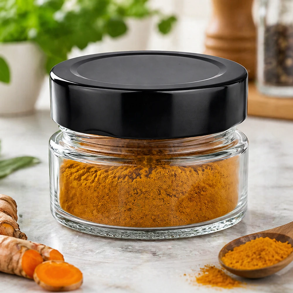 80ml rond potje met zwart BasicSeal deksel gevuld met kurkumapoeder Specerijen Keukenomgeving Gebruiksvoorbeeld