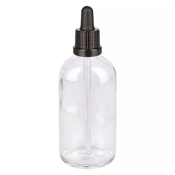 Pipetfles van 100 ml van helder glas met zwarte druppeldop, ClearLine-serie UT18