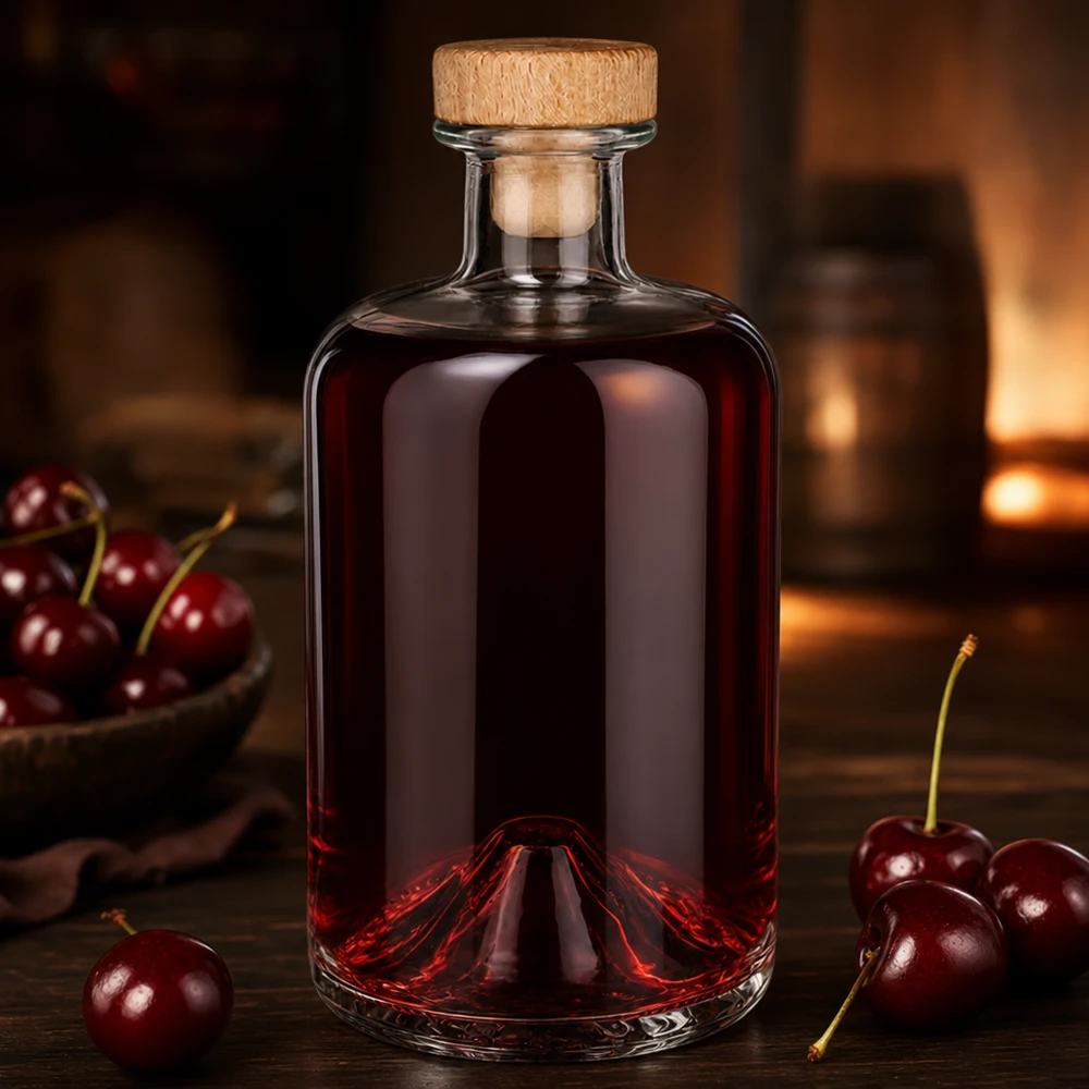 500 ml apothekersfles Sofia met houten handgreep en kurk UNiTWIST® 500 ml Sofia glazen fles met houten kurk gevuld met rode kersenvloeistof omringd door verse kersen Ambiance