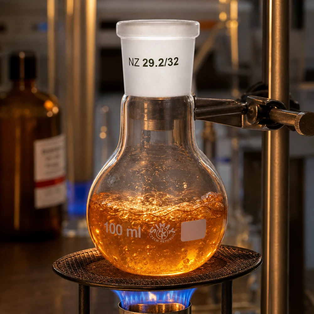 Kleine glazen kolf van 100 ml met compacte afmetingen en universele 29/32 standaard geslepen verbinding