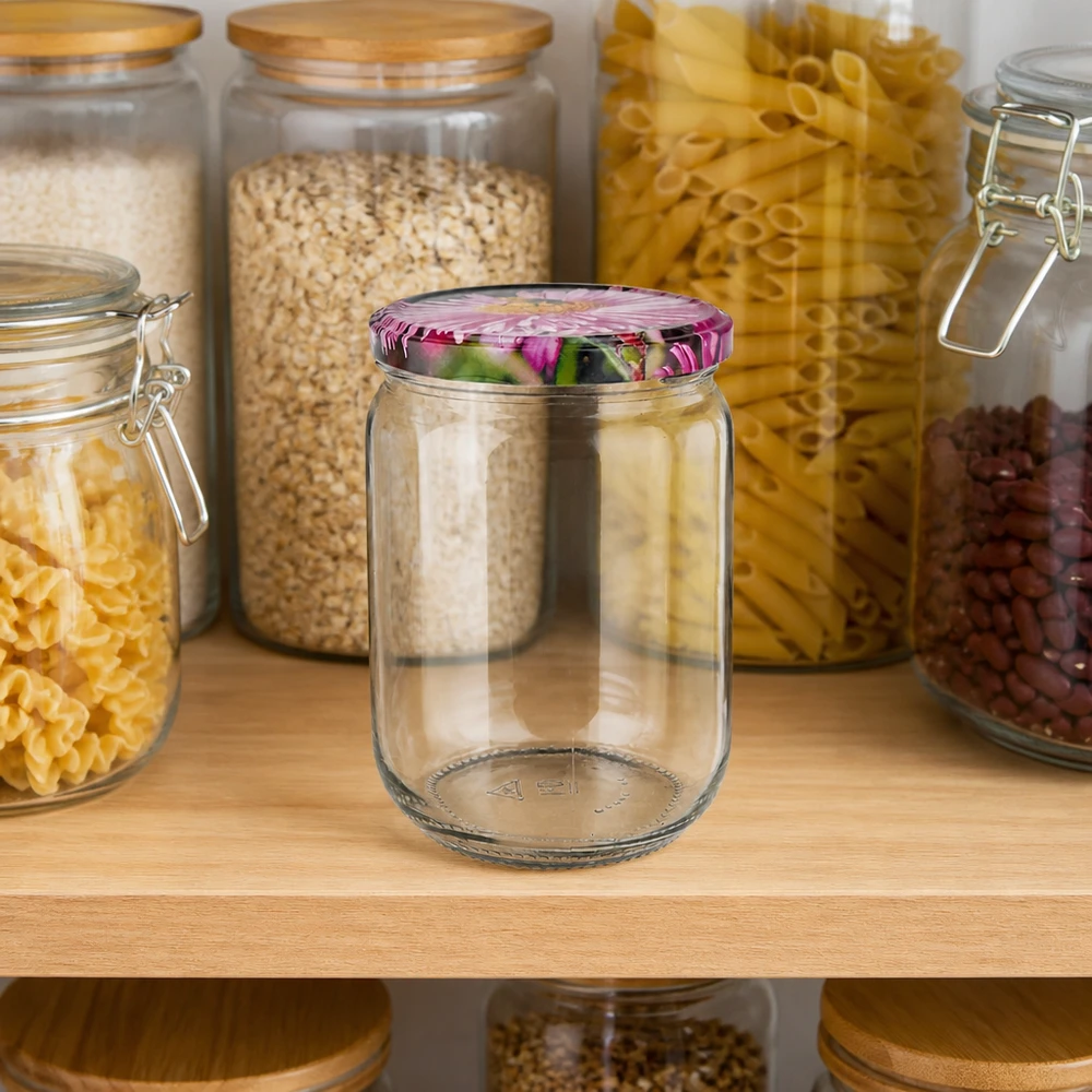 Glazen pot van 555 ml met bloemenmotief en draaideksel, ideaal voor droge voorraden en granen