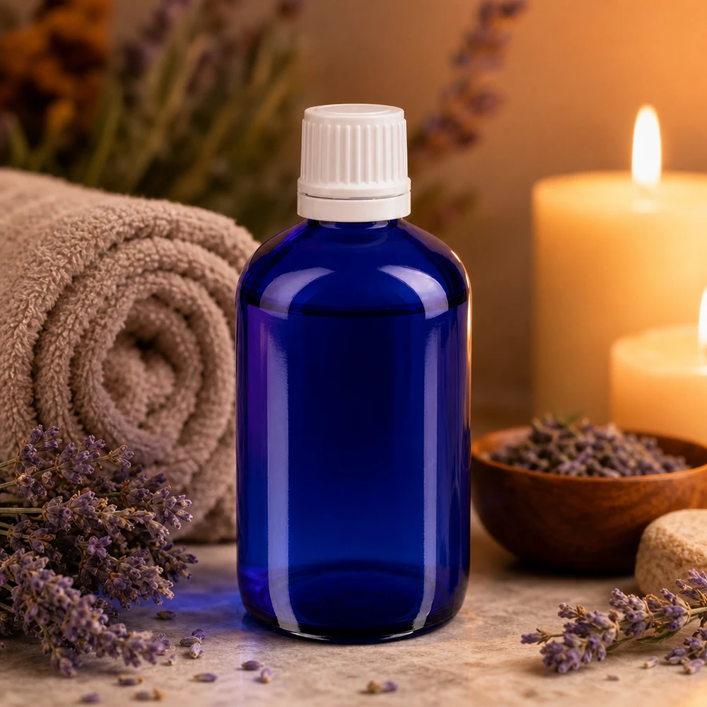 Blauwe apofles van 100 ml, gemaakt van borosilicaatglas, met een witte OV-dop, voor aromatherapie