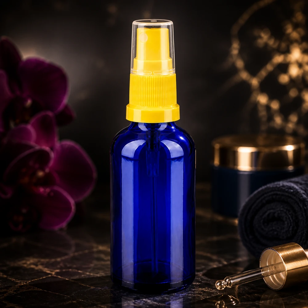 Handige glazen spuitfles 50ml BlueLine serie met praktische doseerspuit voor onderweg