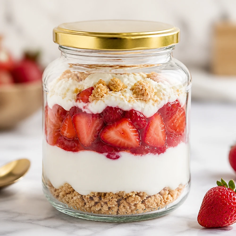 370 ml ovaal potje met gouden BasicSeal deksel UNiTWIST gevuld met aardbeien dessert gelaagd dessert in een voorraadpotje