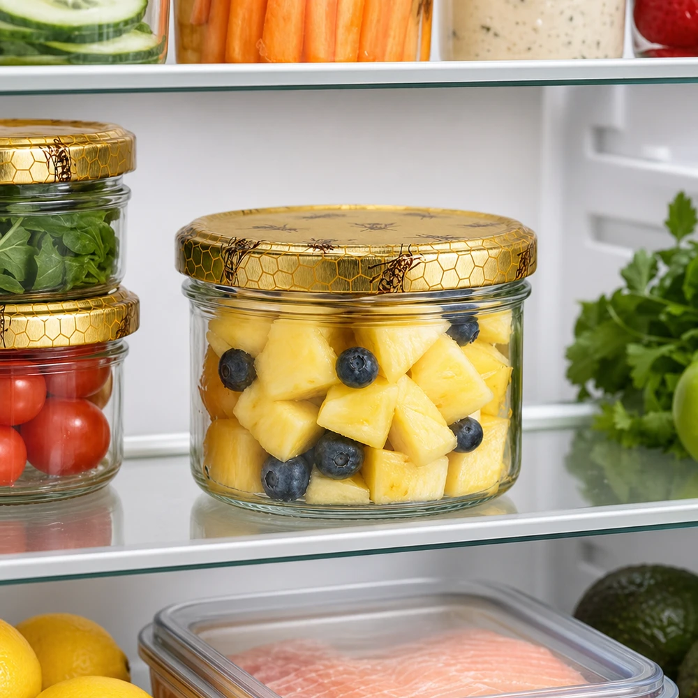 Honingpot van 300 g in de koelkast als vershoudbakje voor ananas en bosbessen met een praktisch honingraatdeksel