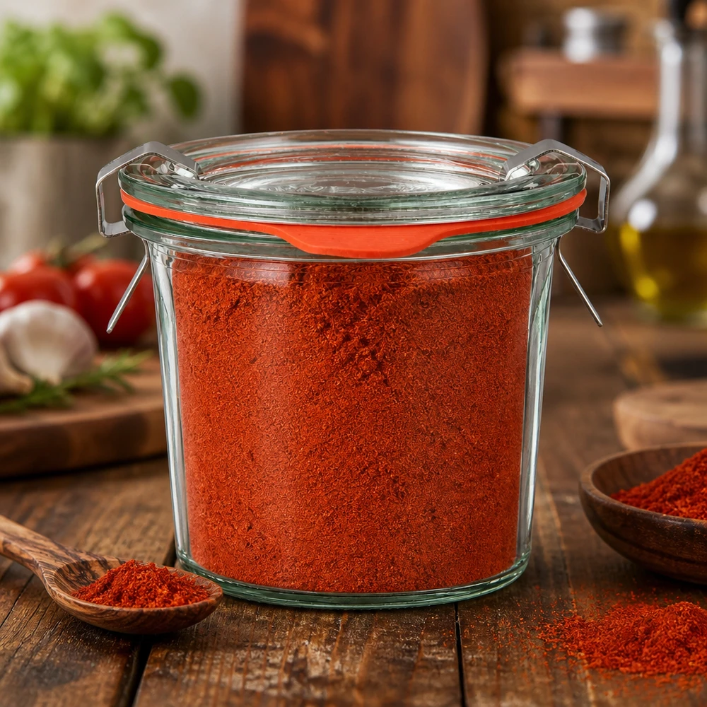 Kruidenpotje van borosilicaatglas met rode paprika, naast een houten lepel en verse tomaten
