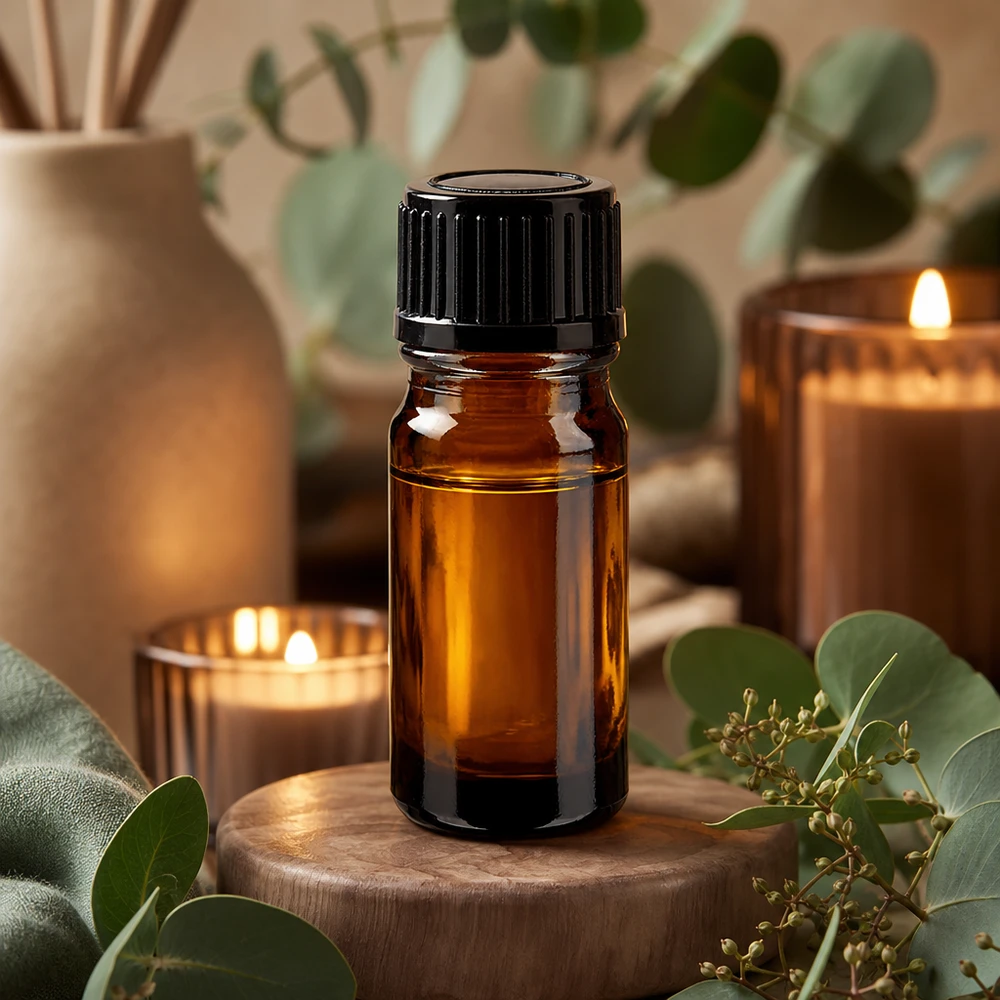 Bruine glazen fles 5ml met zwart schroefsluiting St Amberkleurig glazen flesje van 5 ml met een dop van 11 mm, versierd in een natuurlijke spa-sfeer