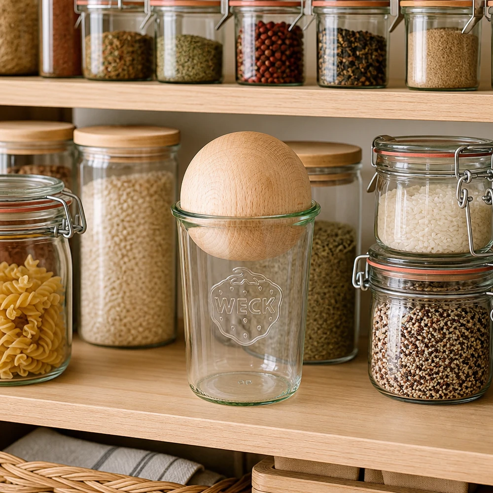 WECK RR100 beker 850 ml met beukenhouten bol in een georganiseerde opbergkeuken tussen kruidenpotjes en voorraadblikken.