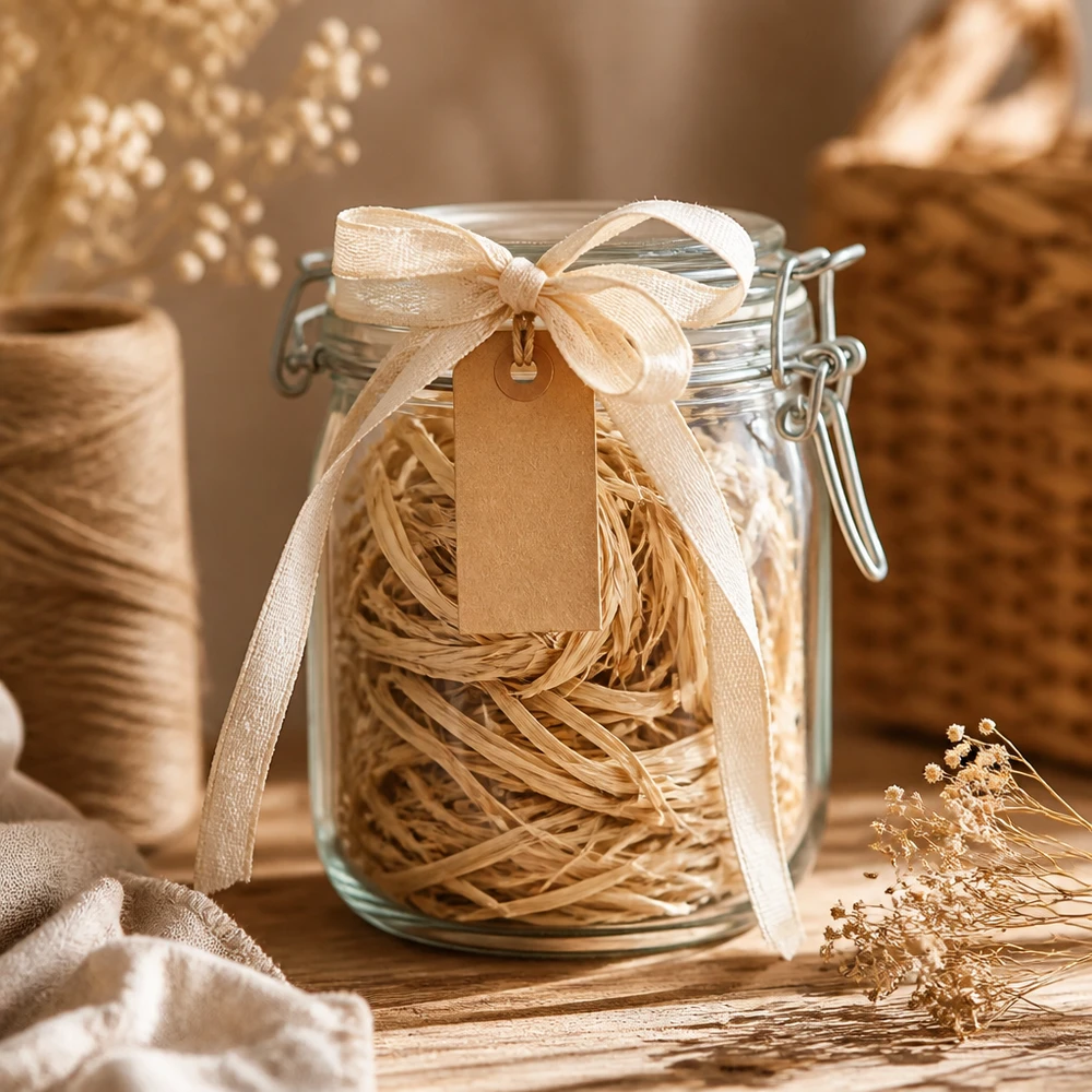 Natuurlijke raffia 30g in een inmaakpotje met lint en label als cadeau-idee voor creatieve knutselprojecten en decoratie