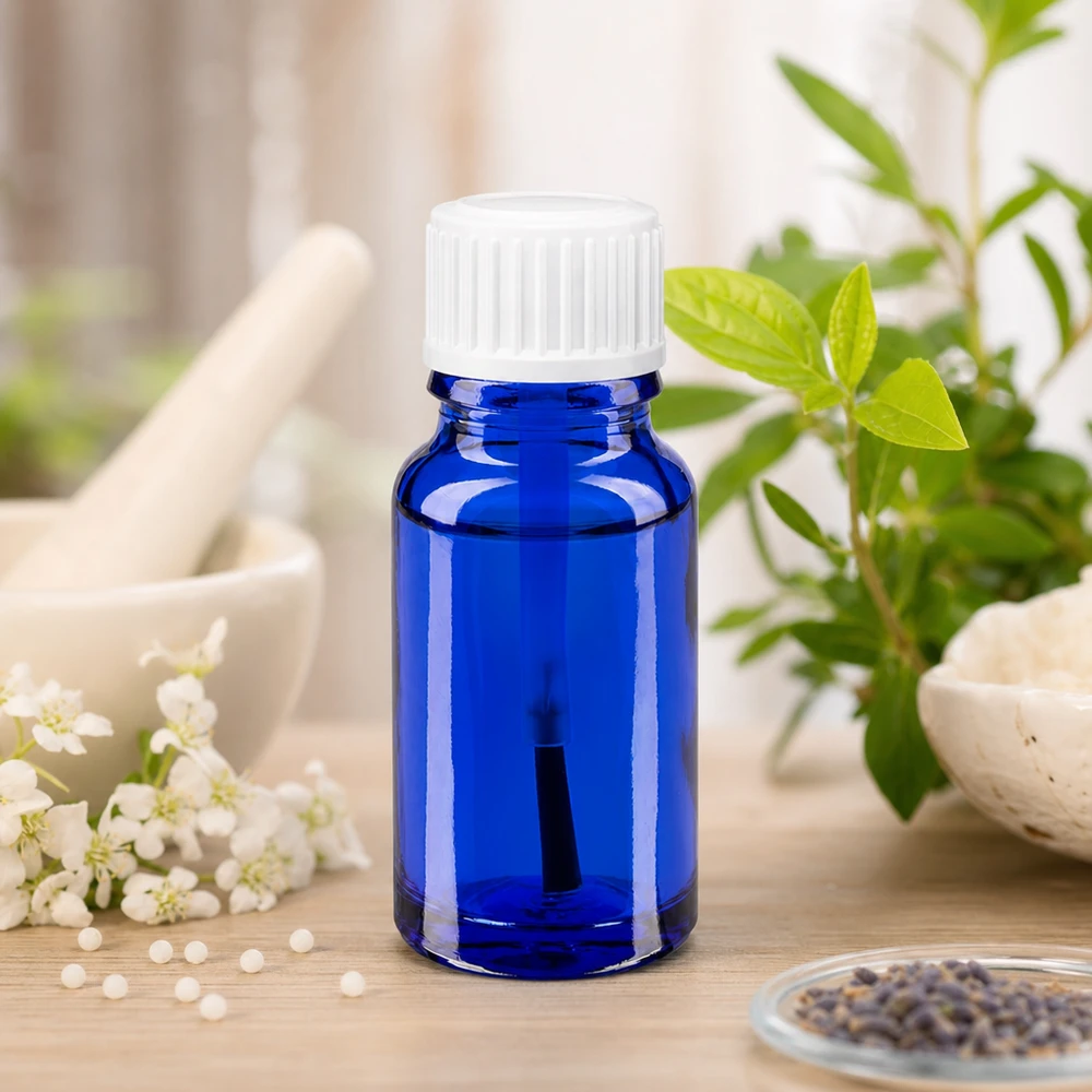 Een blauw STD-flesje van 10 ml van apothekersglas, omringd door natuurgeneeskundige accessoires op een houten ondergrond
