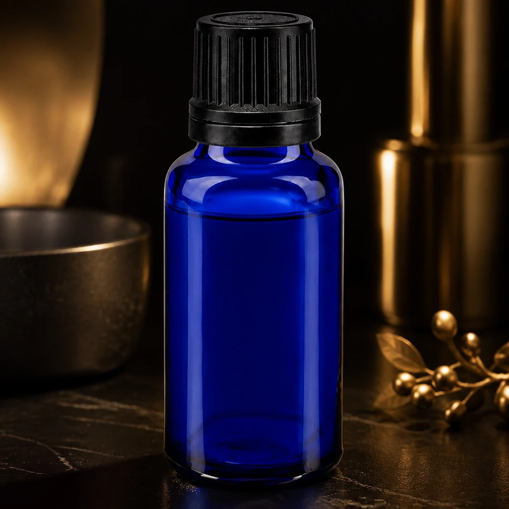 Blauwe glazen flessen 20ml met zwart schroefsluiting gietring VR Blauwe GR-fles van 20 ml van apothekersglas met zwarte schroefdop in een luxe uitvoering
