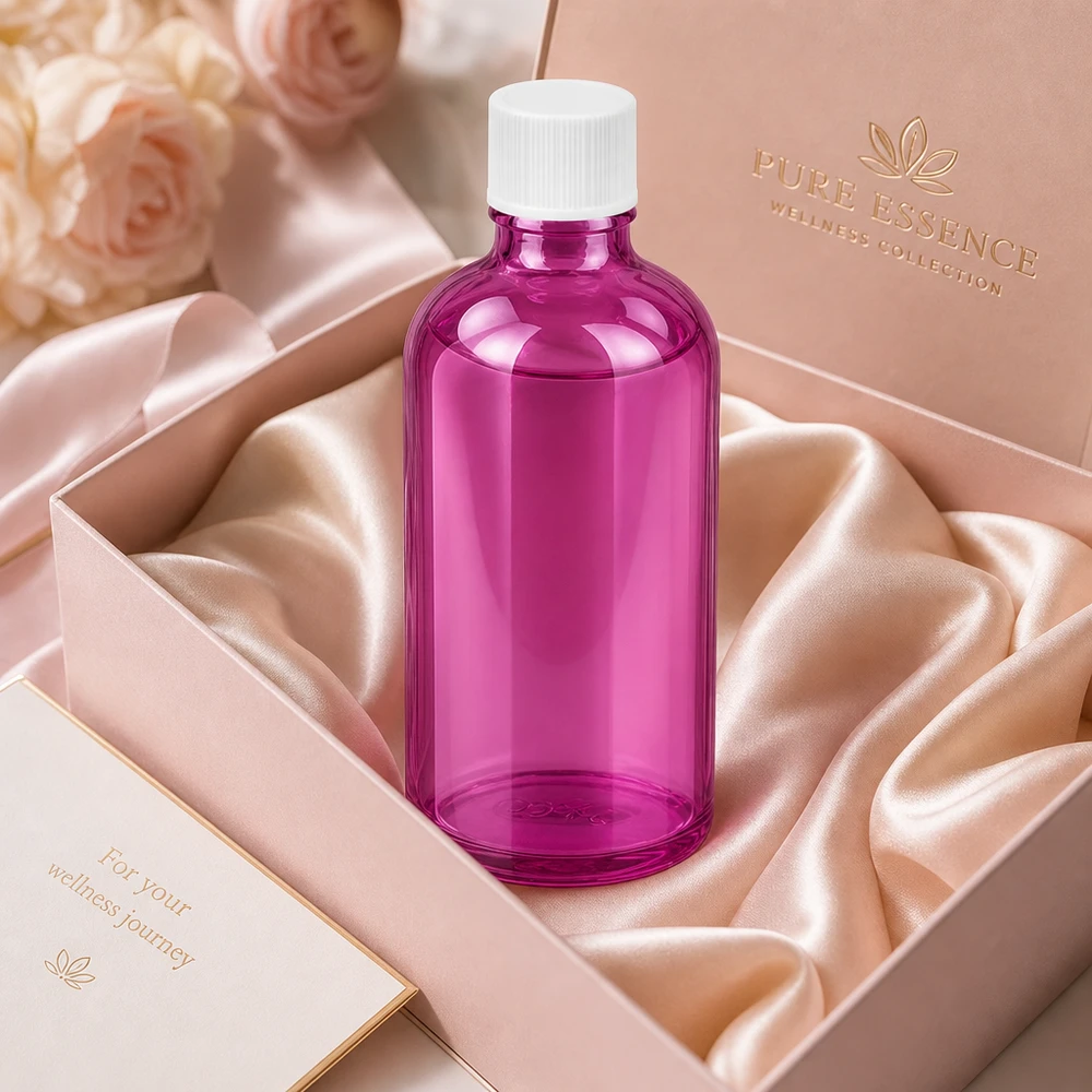 100ml fles 11mm schroefdop wit standaard PurpleLine UT18/100 Robuuste apothekersfles van 100 ml in paars met kindveilige witte schroefdop