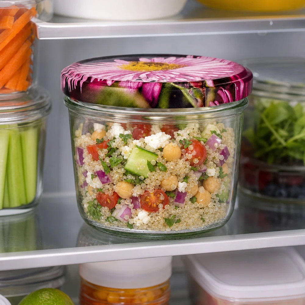 230 ml mason jar met BasicSeal bloemdeksel in de koelkast, gevuld met quinoa salade en groenten als maaltijdprep