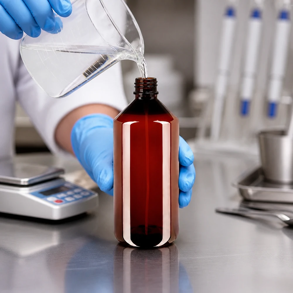 1000 ml PET medicijnfles met verstuiver zwart GCMI 28/410 incl. dop transparant, standaard Een chemicus vult laboratoriumvloeistof in een stevige, amberkleurige PET-fles met brede hals van 1000 ml