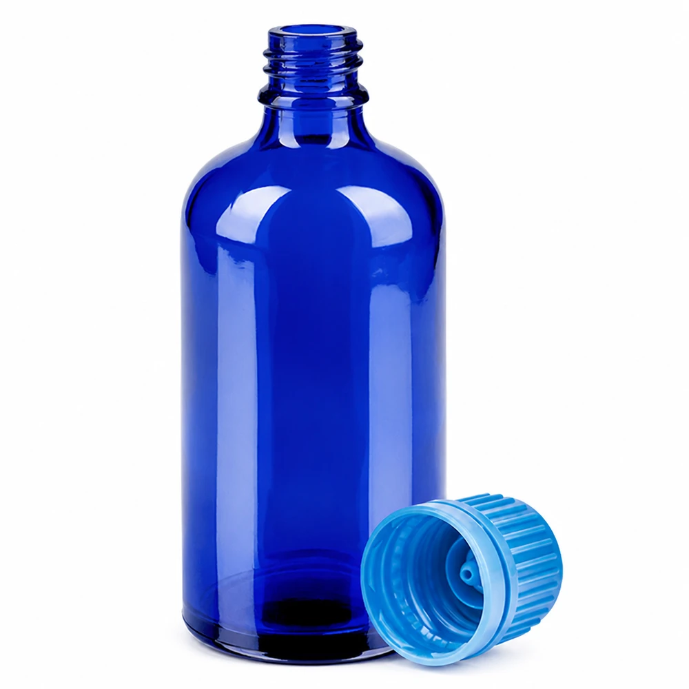 100ml flacon 11mm SV blauw OV BlueLine UT18/100 Hoogwaardige blauwe glazen fles 100ml met kindveilige dop voor laboratoria en apotheken
