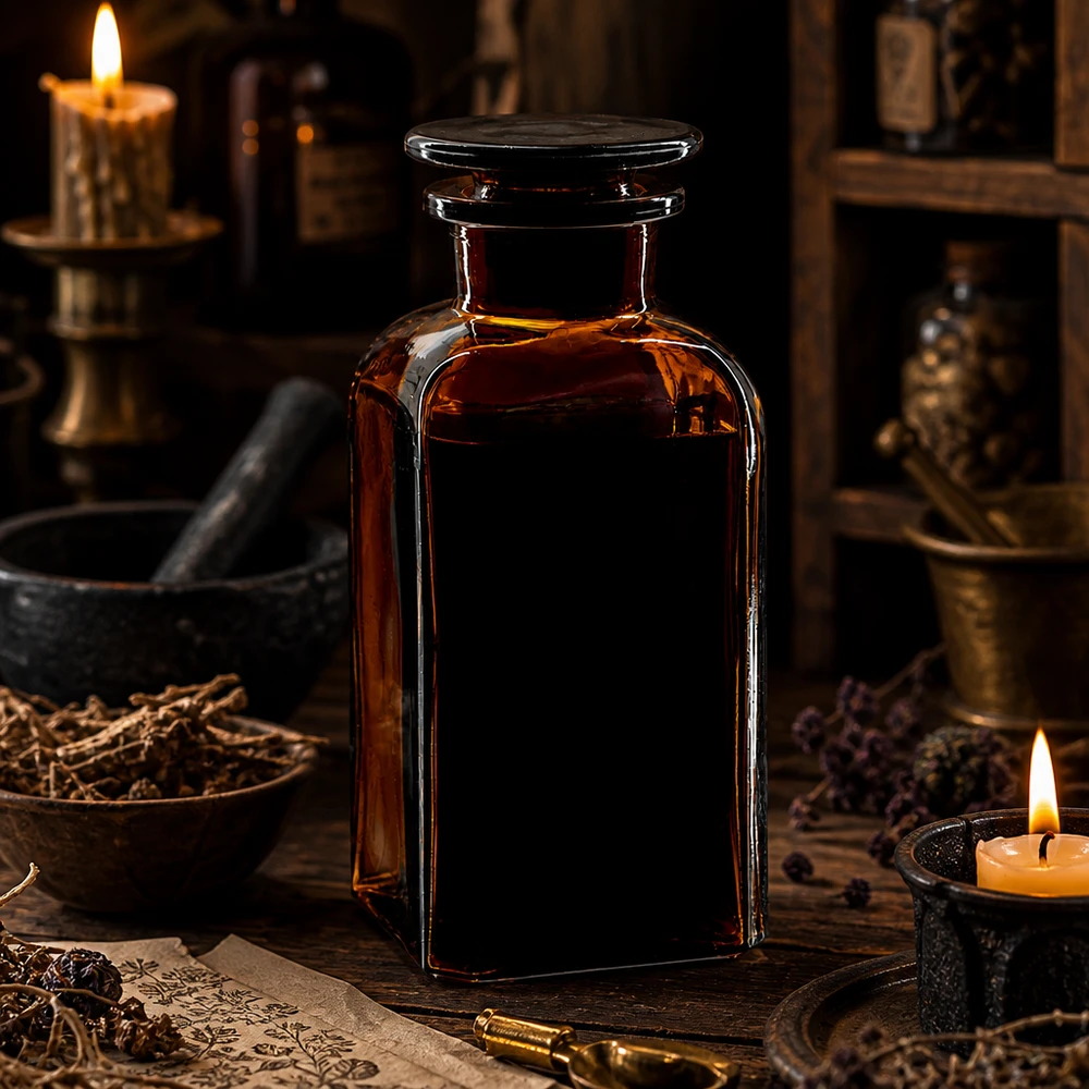 Amberkleurige vierkante fles van 350 ml met glazen stop met brede hals voor tincturen en essences