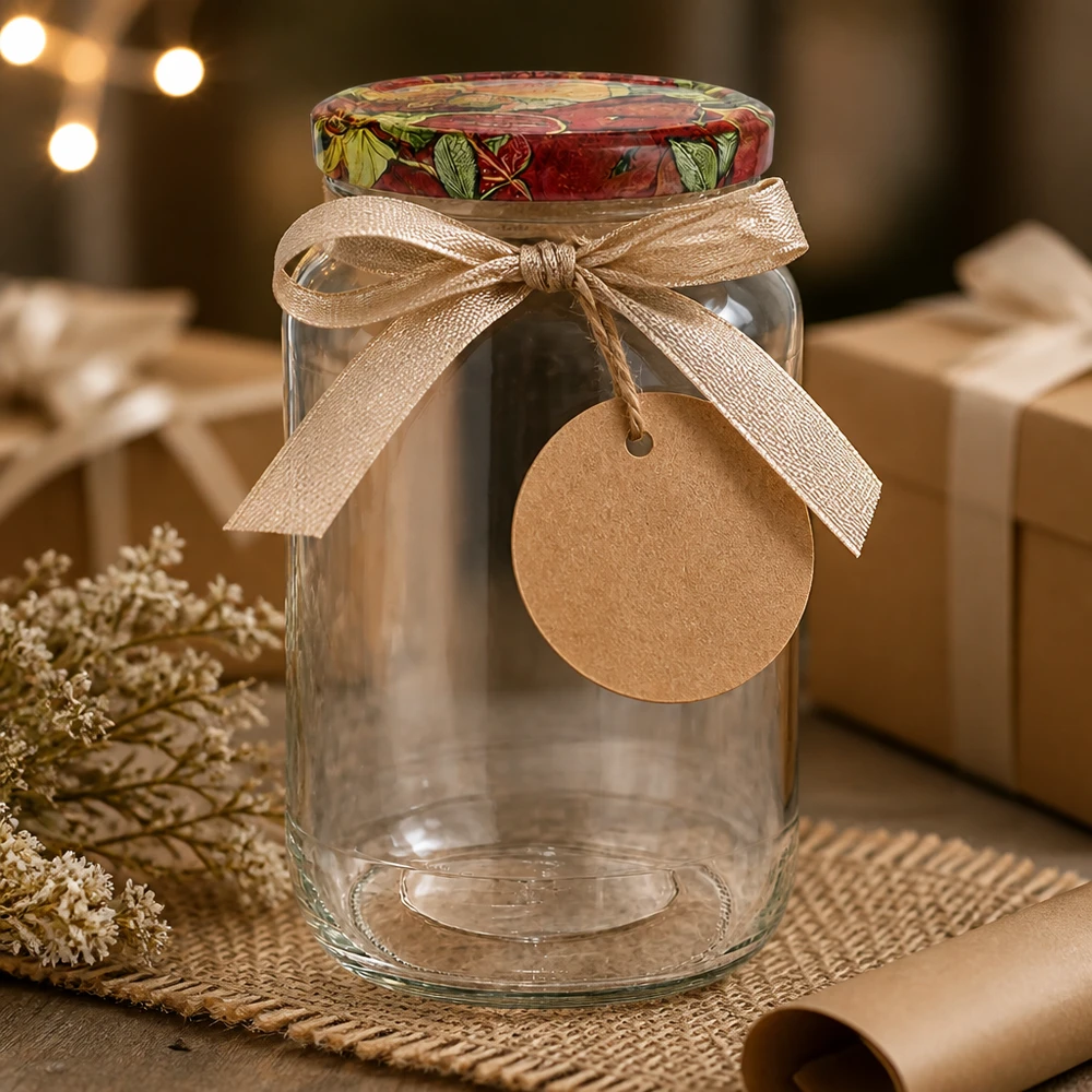 1062ml ronde pot BasicSeal deksel fruitdecor geschenkverpakking met lint label rustieke decoratie