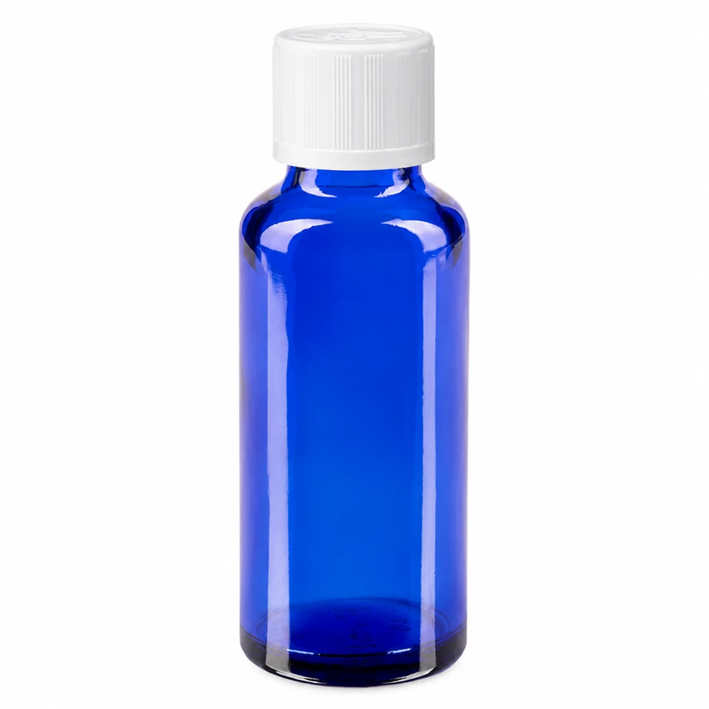 Blauwe glazen flessen 30ml met wit druppelsluiting kinderslot St Cilindrische blauwe apothekersfles van 30 ml, gemaakt van hoogwaardig glas, met een witte schroefdop van KiSi