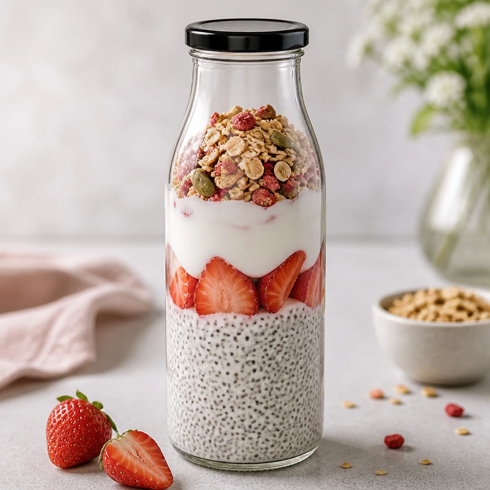 500 ml glazen fles met zwart deksel voor chia pudding met aardbeien en muesli overnight oats ontbijt