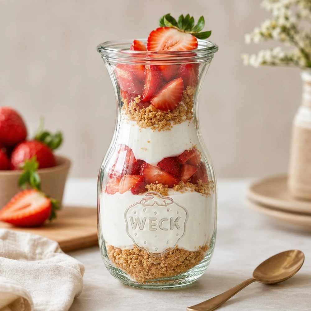 WECK sapfles 290ml RR60 als dessertpot met aardbeien, yoghurt en koekkruimels gelaagd op een witte tafel