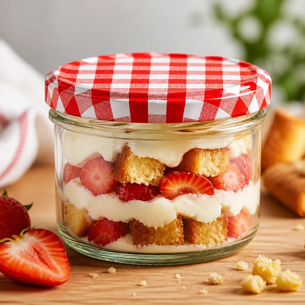 230ml cilindrische pot met BasicSeal deksel rood/wit UNiTWIST 230 ml cilinderglas met rood en wit BasicSeal deksel als dessertglas voor een gelaagd dessert met aardbeien en room op een houten tafel