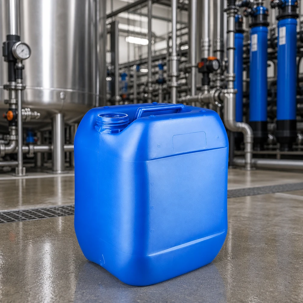 Blauwe vloeistofkan van 10 liter zonder dop naast roestvrijstalen tanks en filterkolommen