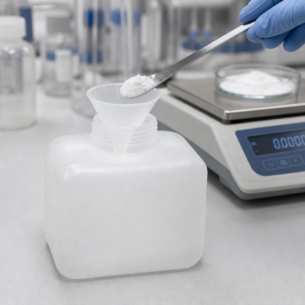 Chemicaliefles 250 ml, smalle hals, PE-HD, robuust, zuurbestendig, poeder, laboratoriumweegschaal, handschoen