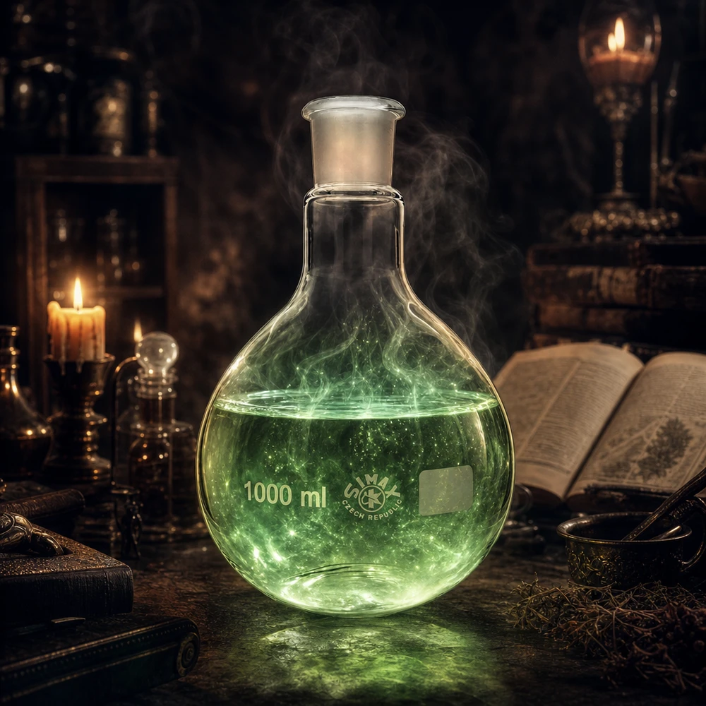 Laboratoriumglaswerk 1000ml kolf met groene fluorescerende vloeistof en geslepen glas 29/32