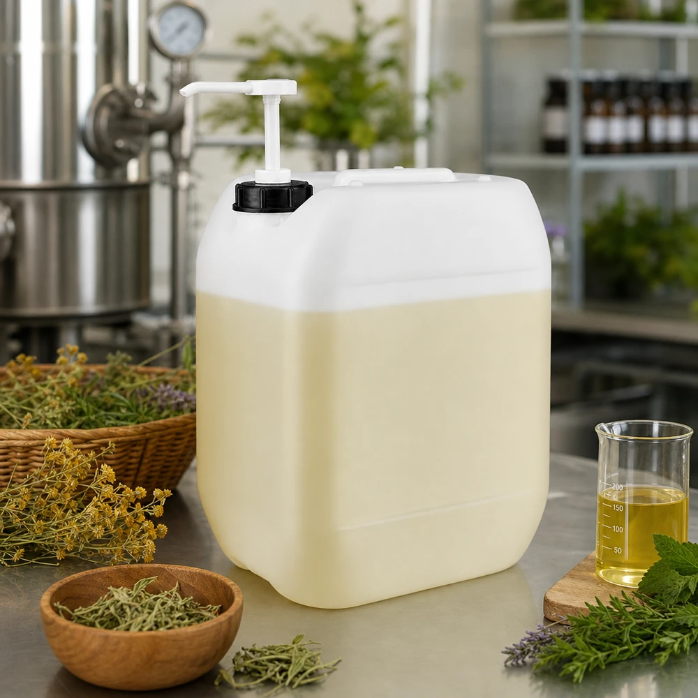 10l Jerrycan, UN-toelating, met doseerpomp Halfgevulde jerrycan van 10 liter met witte doseerpomp in een productieomgeving voor natuurlijke cosmetica