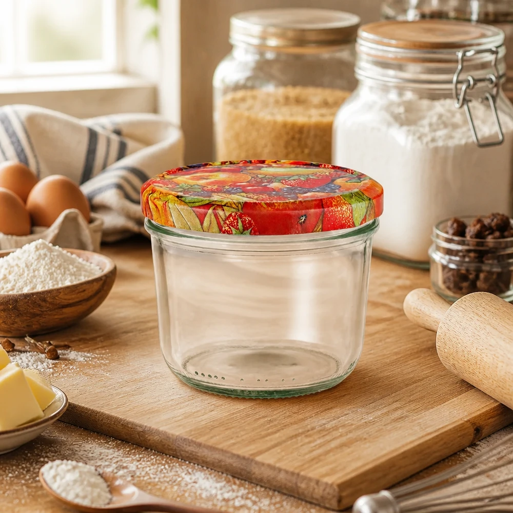 230ml bekers met BasicSeal deksel Fruit decor UNiTWIST Lege bekers van 230 ml met BasicSeal fruitdecor deksel in de keuken op een houten plank naast bakingrediënten en voorraadpotten