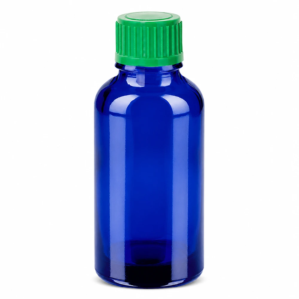 Hoogwaardige glazen fles 30ml blauw met precieze druppeldop UT18/30 Standaard