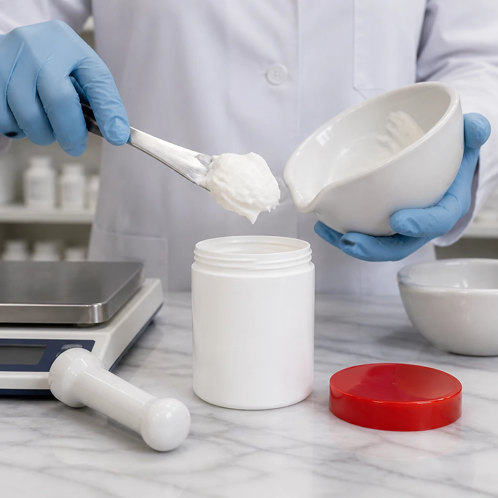 Kunststof potje van 100 g, wit PP, met rode schroefdop voor eigen farmaceutische productie