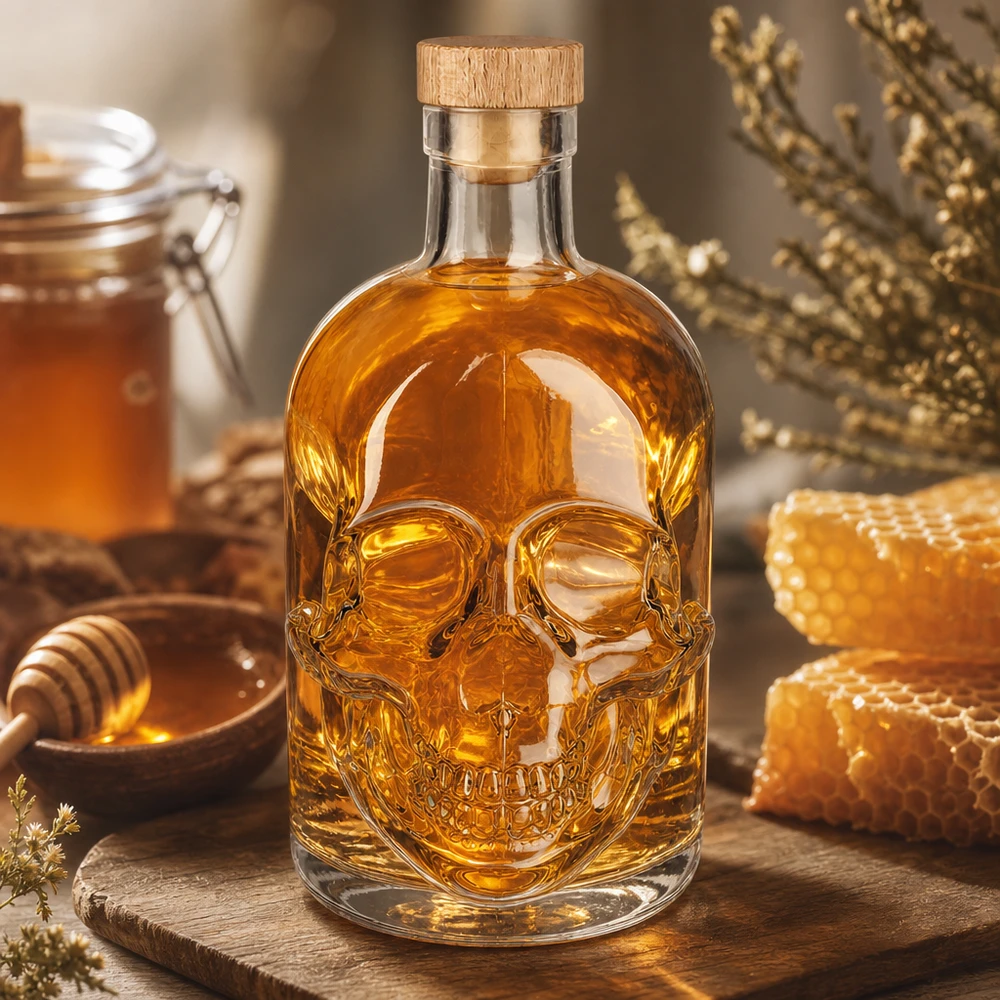 500 ml glazen fles Jack met houten kurk UNiTWIST® Glazen fles Jack 500ml met houten kurk op houten plank, omringd door honingraat en honingpot, warme verlichting