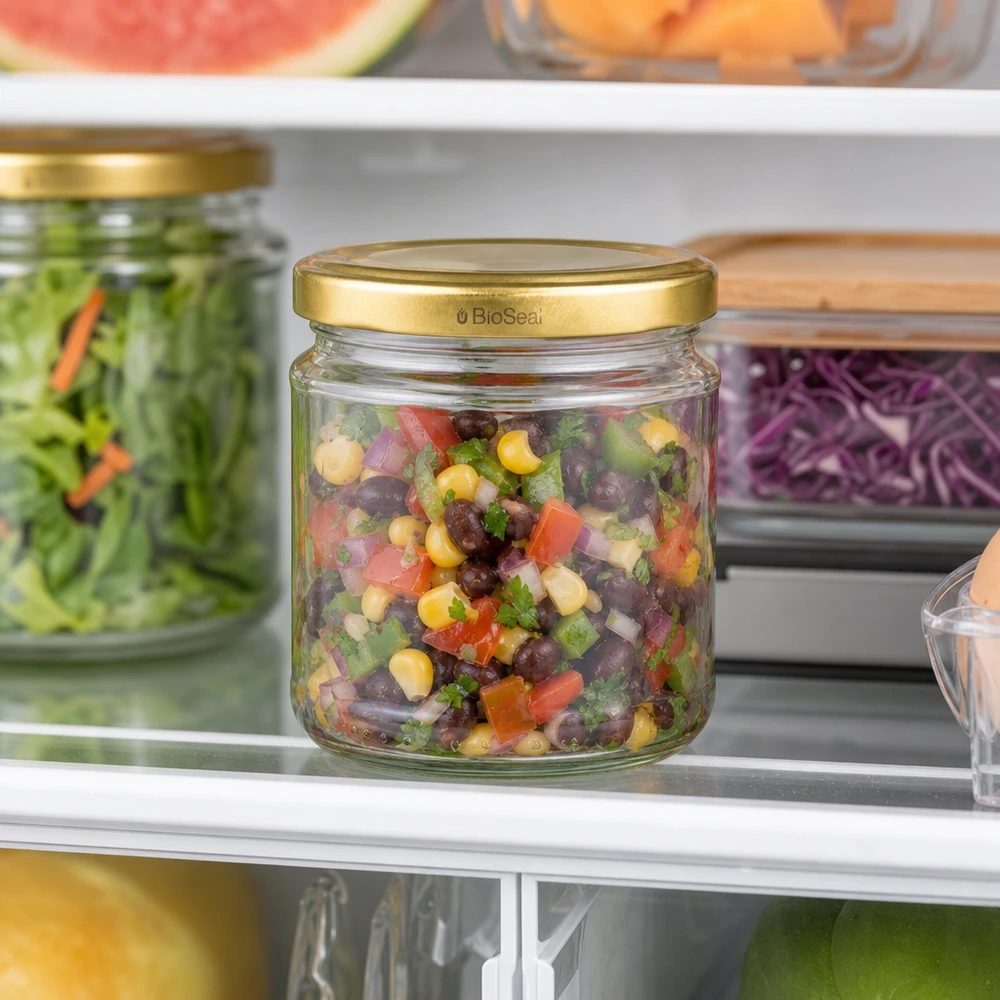 UNiTWIST ronde pot 212ml met gouden TO66 BioSeal deksel gevuld met bonensalade bewaard in de koelkast